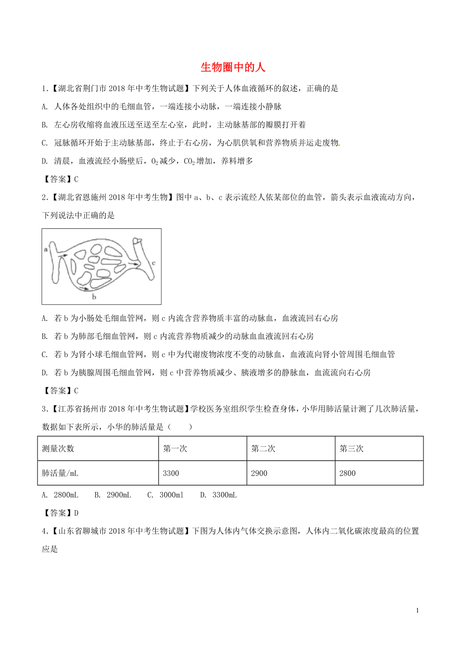 2018年中考生物 知識(shí)分類練習(xí)卷 生物圈中的人_第1頁(yè)