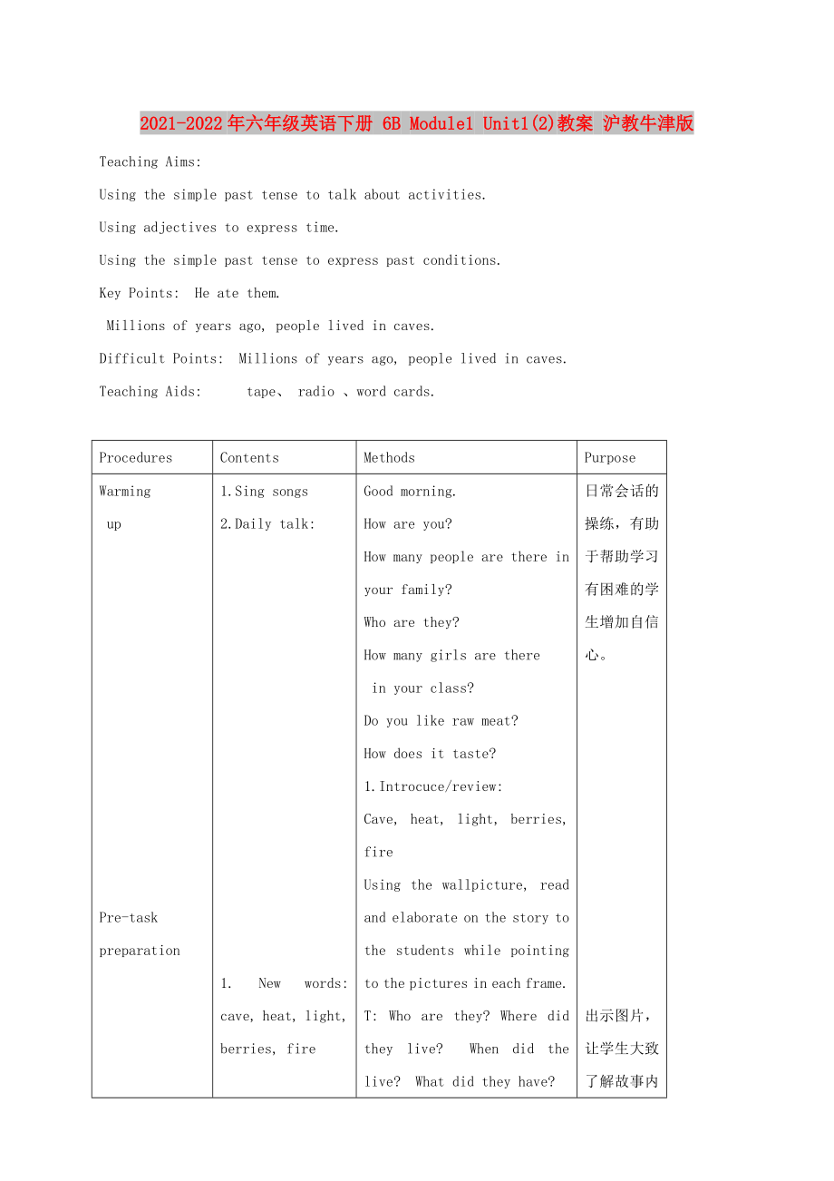 2021-2022年六年級(jí)英語下冊(cè) 6B Module1 Unit1(2)教案 滬教牛津版_第1頁(yè)