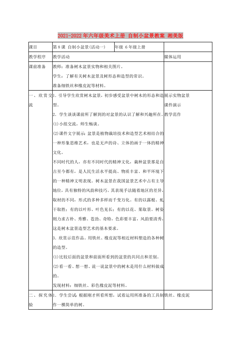 2021-2022年六年級(jí)美術(shù)上冊(cè) 自制小盆景教案 湘美版_第1頁(yè)