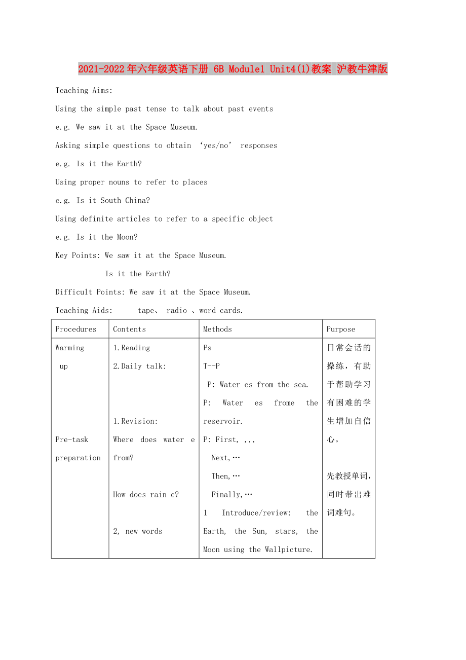 2021-2022年六年級(jí)英語(yǔ)下冊(cè) 6B Module1 Unit4(1)教案 滬教牛津版_第1頁(yè)