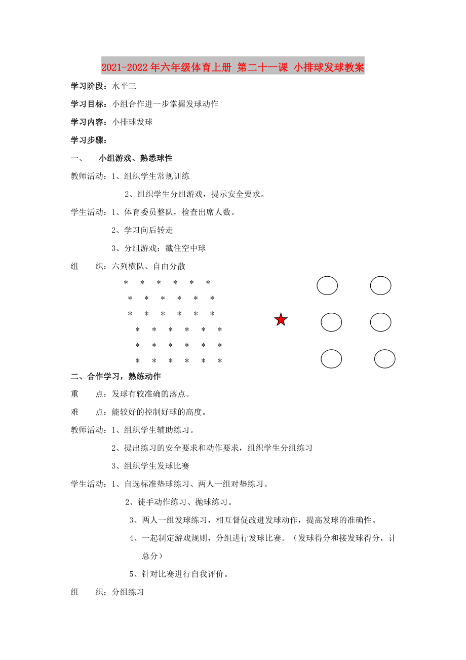 2021-2022年六年級(jí)體育上冊(cè) 第二十一課 小排球發(fā)球教案_第1頁(yè)