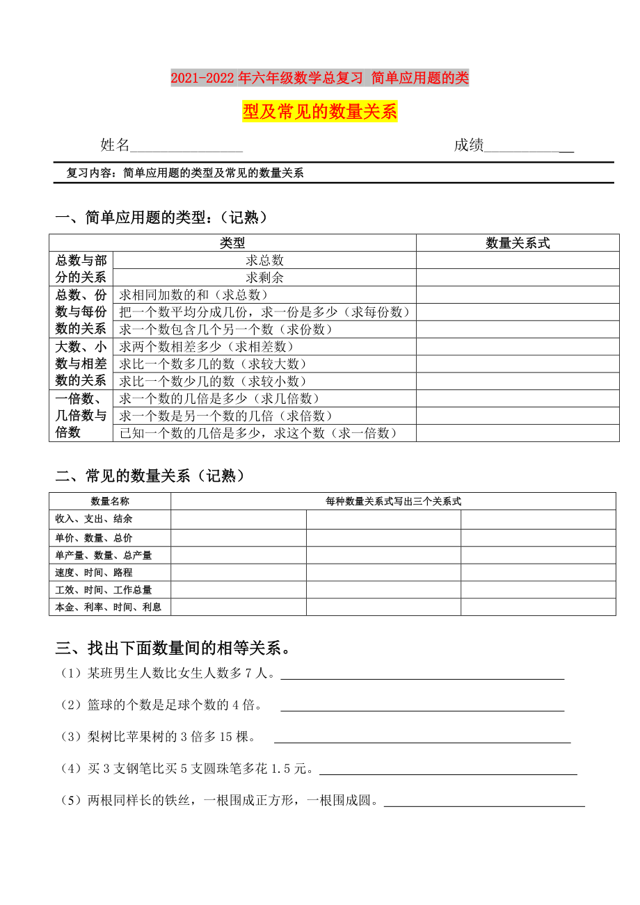 2021-2022年六年級數(shù)學(xué)總復(fù)習(xí) 簡單應(yīng)用題的類型及常見的數(shù)量關(guān)系_第1頁