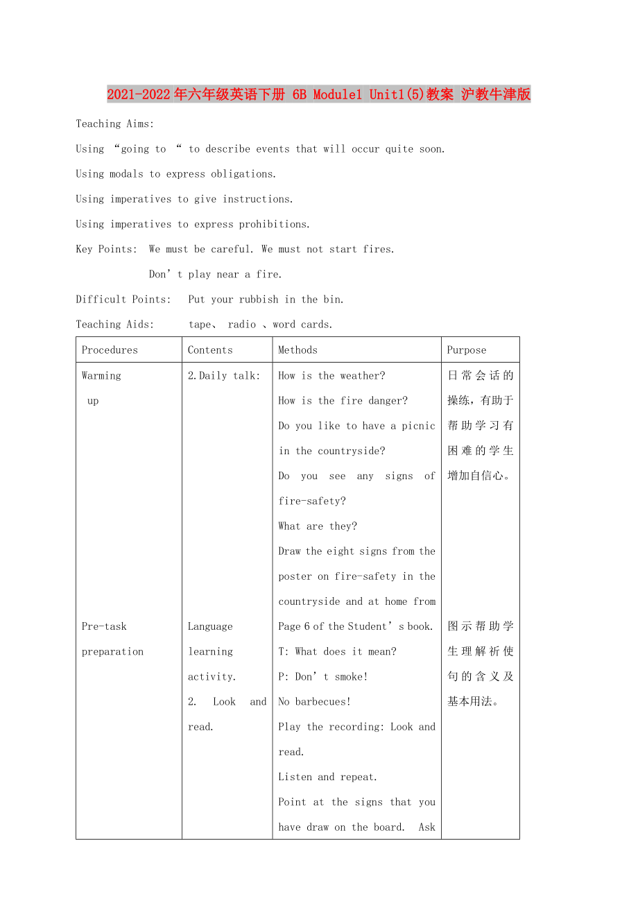 2021-2022年六年级英语下册 6B Module1 Unit1(5)教案 沪教牛津版_第1页