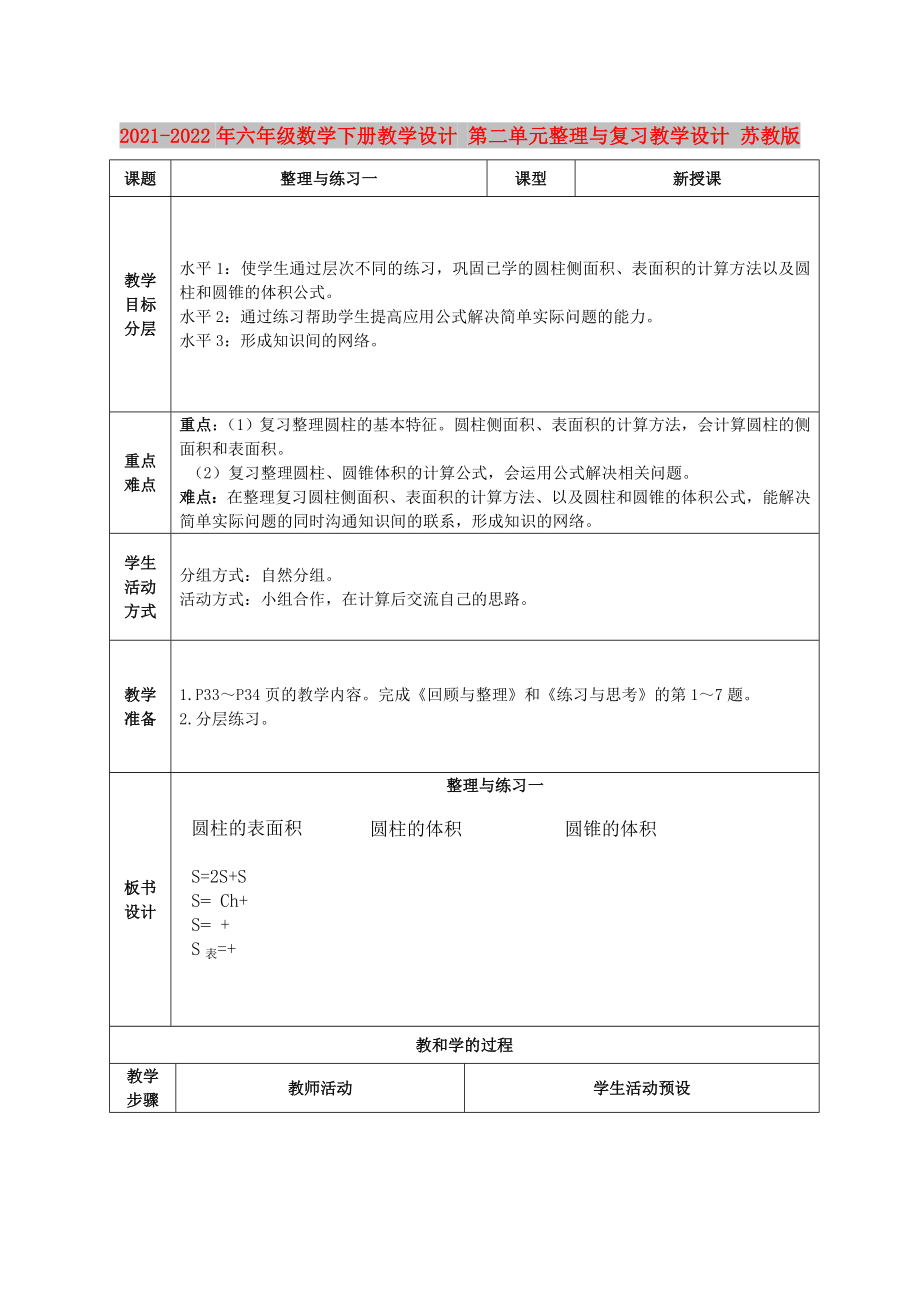 2021-2022年六年級數(shù)學下冊教學設計 第二單元整理與復習教學設計 蘇教版_第1頁