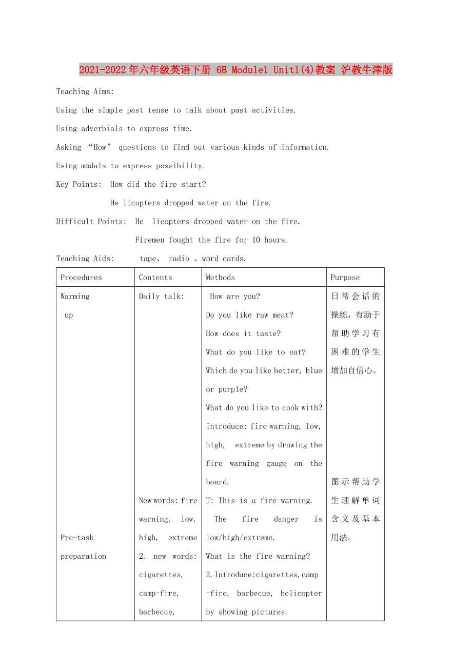 2021-2022年六年級(jí)英語下冊 6B Module1 Unit1(4)教案 滬教牛津版_第1頁