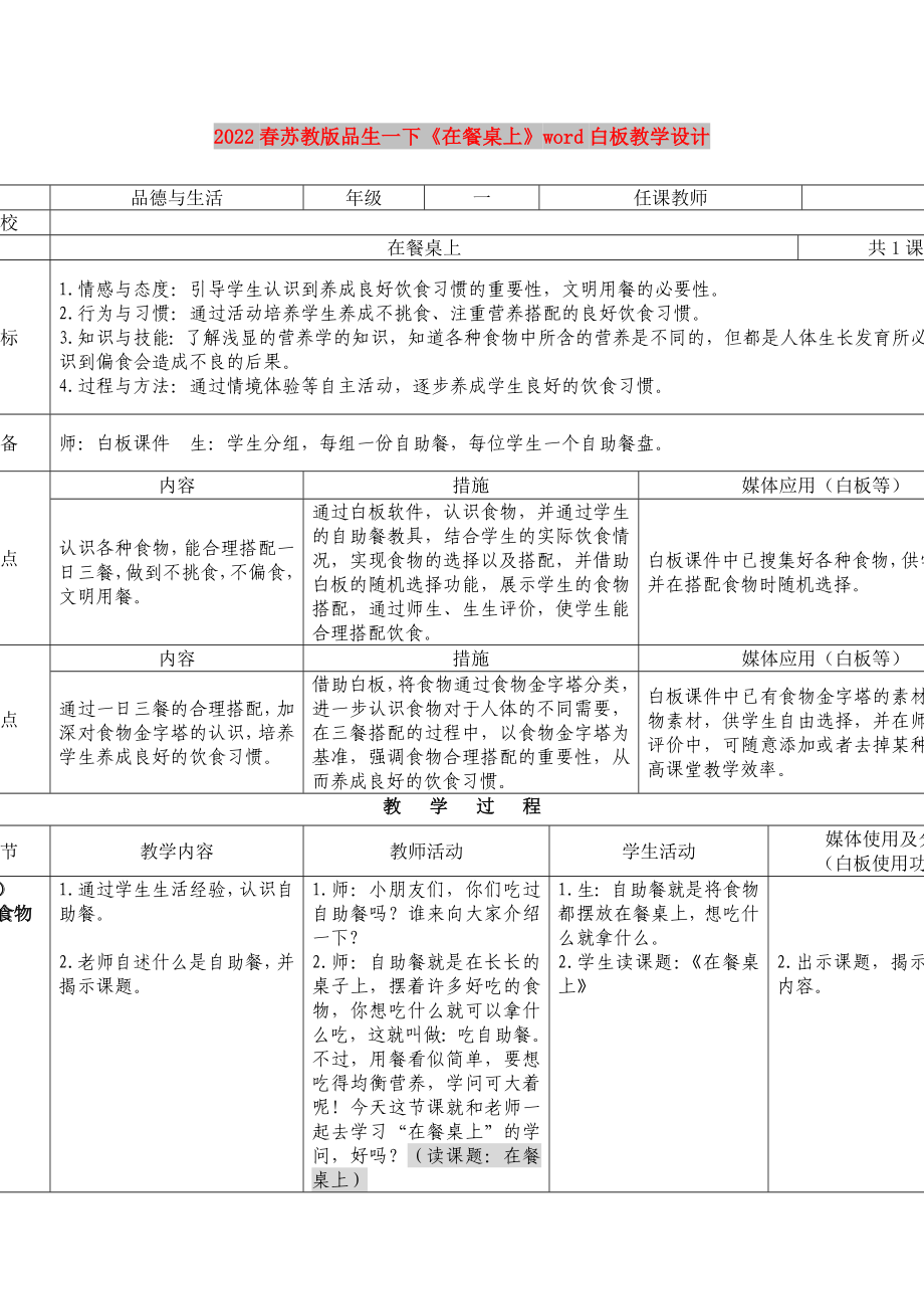 2022春蘇教版品生一下《在餐桌上》word白板教學(xué)設(shè)計_第1頁