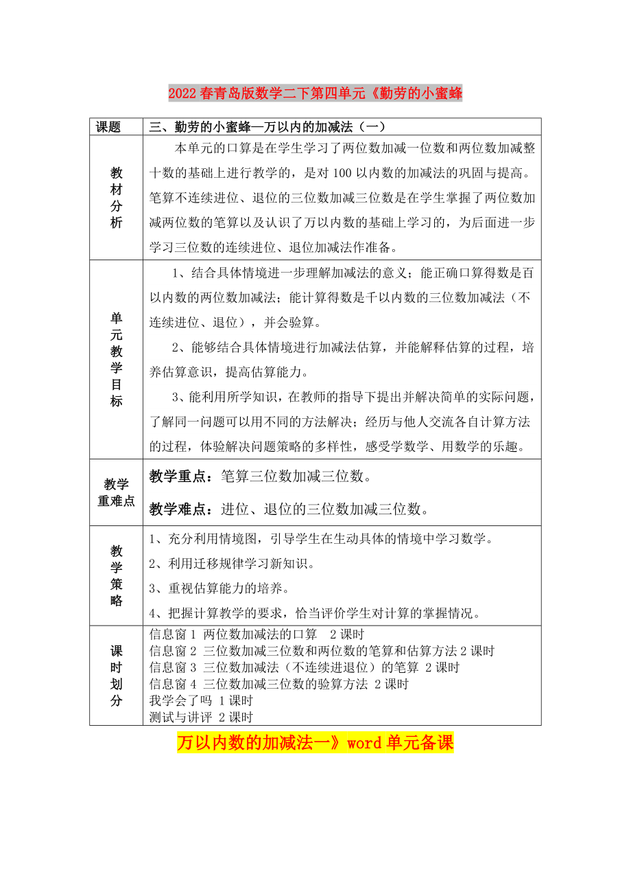 2022春青島版數(shù)學(xué)二下第四單元《勤勞的小蜜蜂 萬以內(nèi)數(shù)的加減法一》word單元備課_第1頁