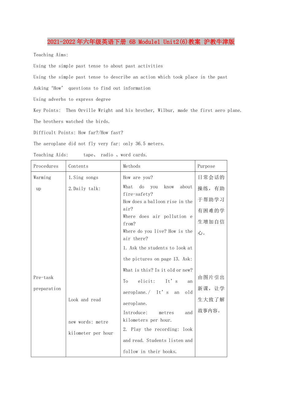 2021-2022年六年級英語下冊 6B Module1 Unit2(6)教案 滬教牛津版_第1頁