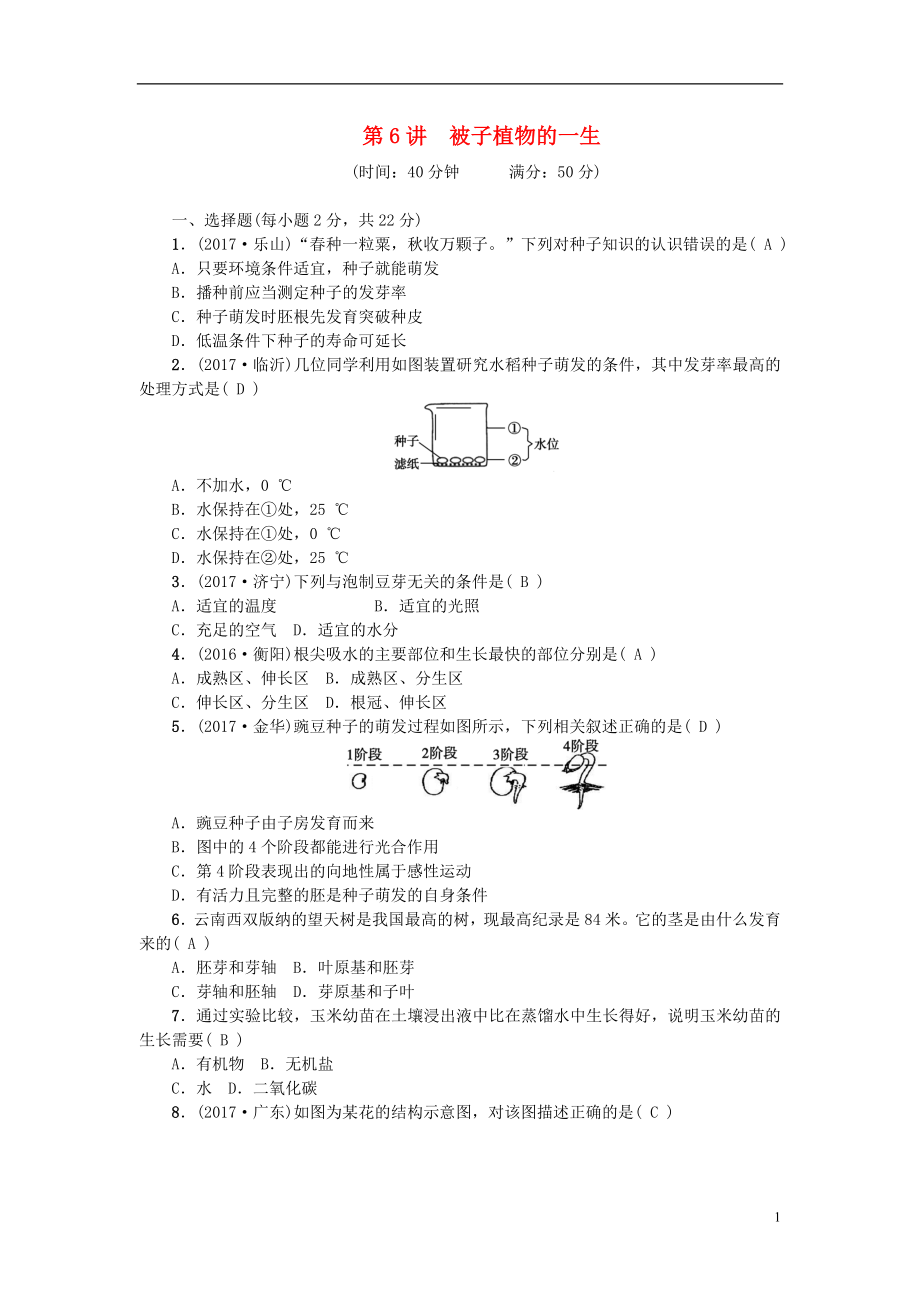 2018屆中考生物 第6講 被子植物的一生復習練習_第1頁