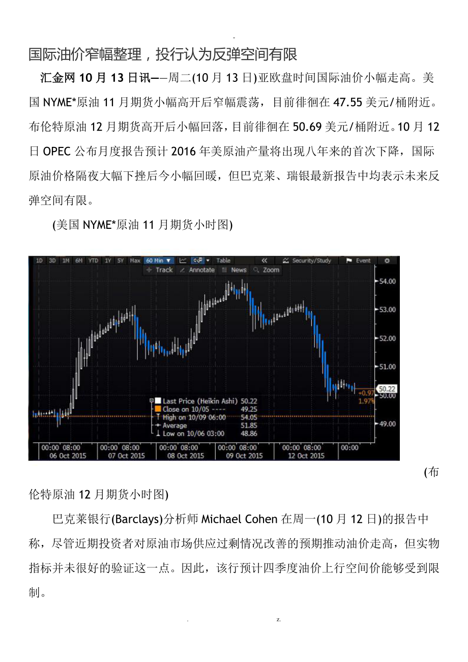 国际油价窄幅整理,投行认为反弹空间有限_第1页