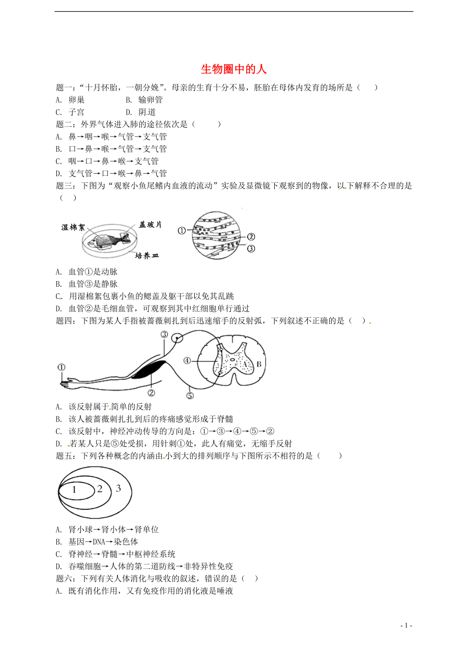 中考生物專題復(fù)習(xí) 生物圈中的人（上）講義 新人教版_第1頁