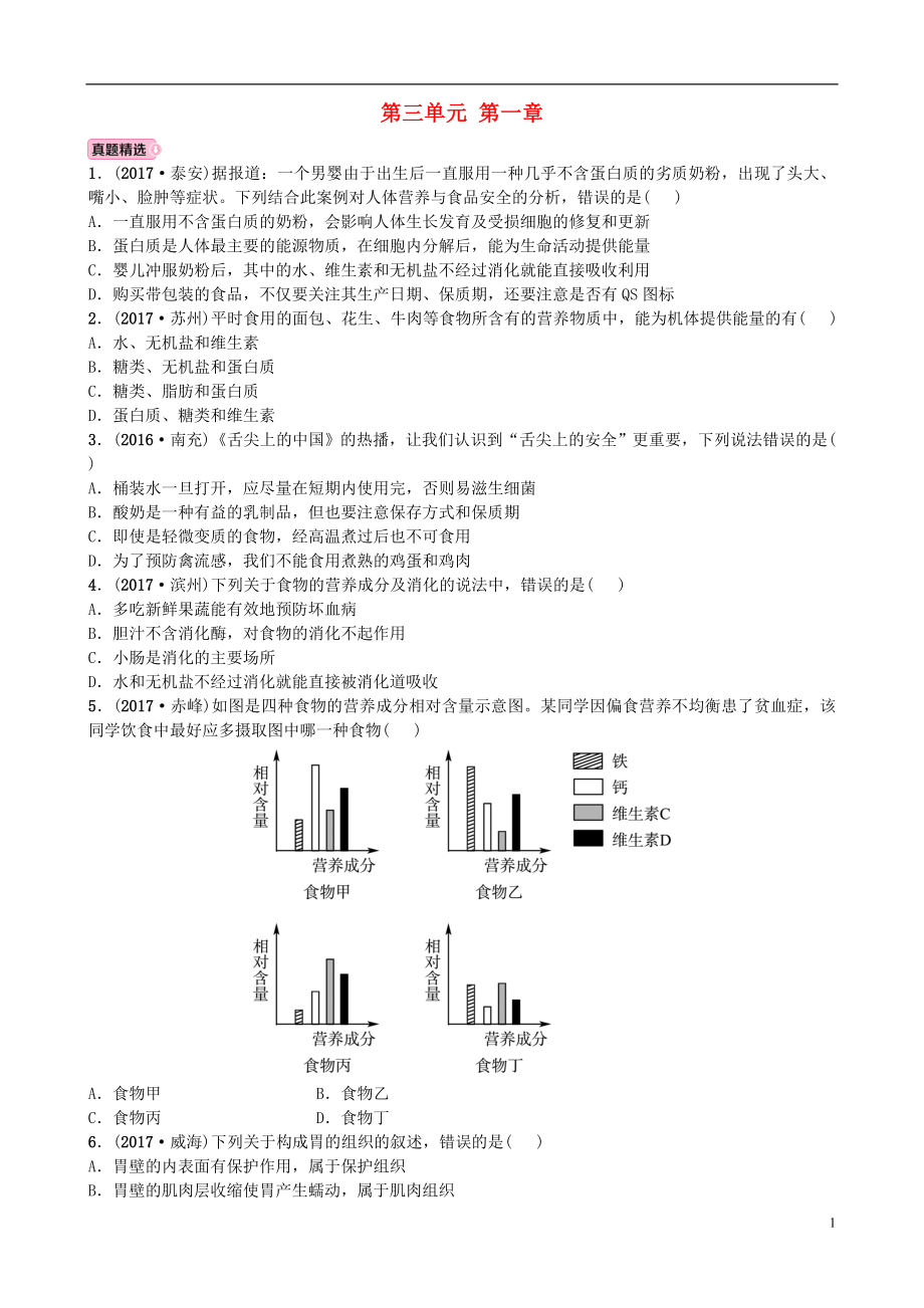 山東省東營市2018年中考生物 實戰(zhàn)演練 七下 第三單元 第一章_第1頁