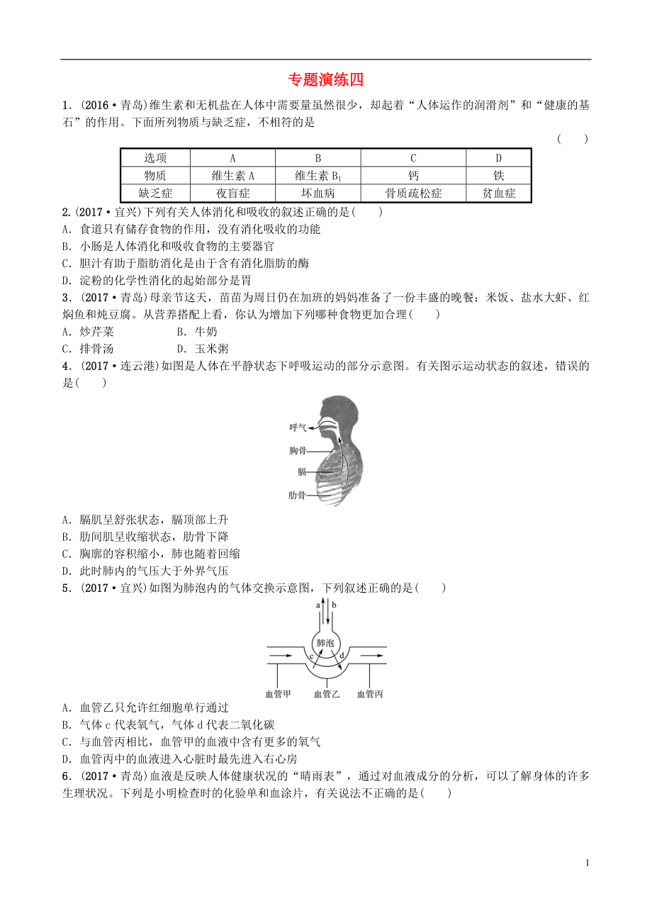 山東省濰坊市2018年中考生物 專(zhuān)題演練四_第1頁(yè)