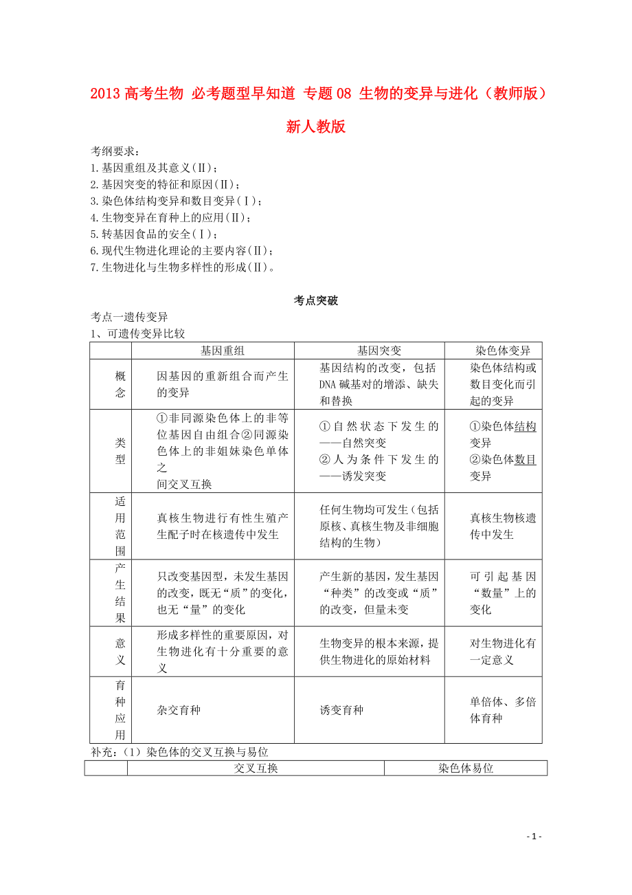 2013高考生物 必考題型早知道 專題08 生物的變異與進(jìn)化（教師版）新人教版_第1頁