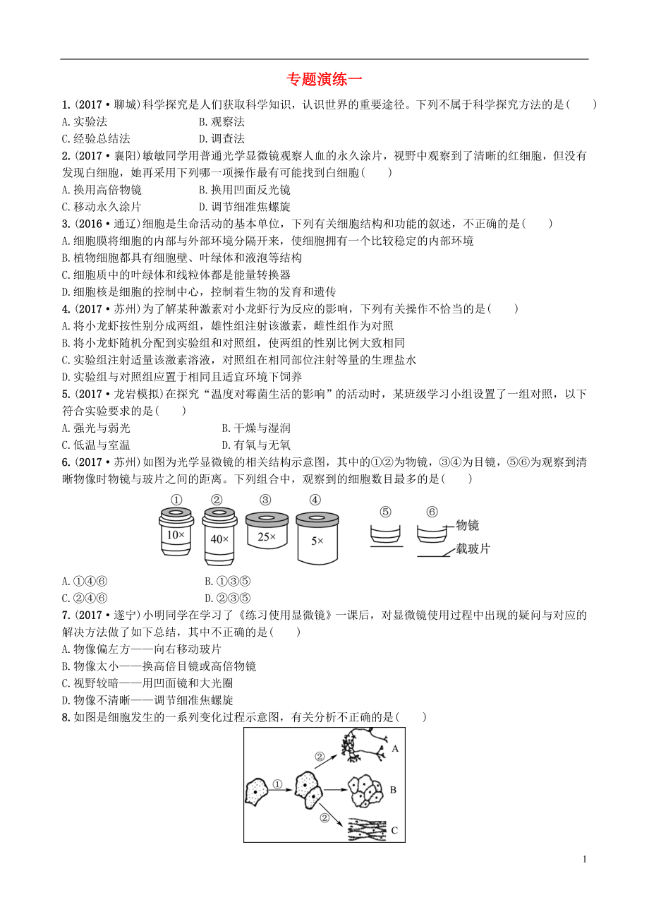 山東省東營(yíng)市2018年中考生物 專題演練一_第1頁(yè)