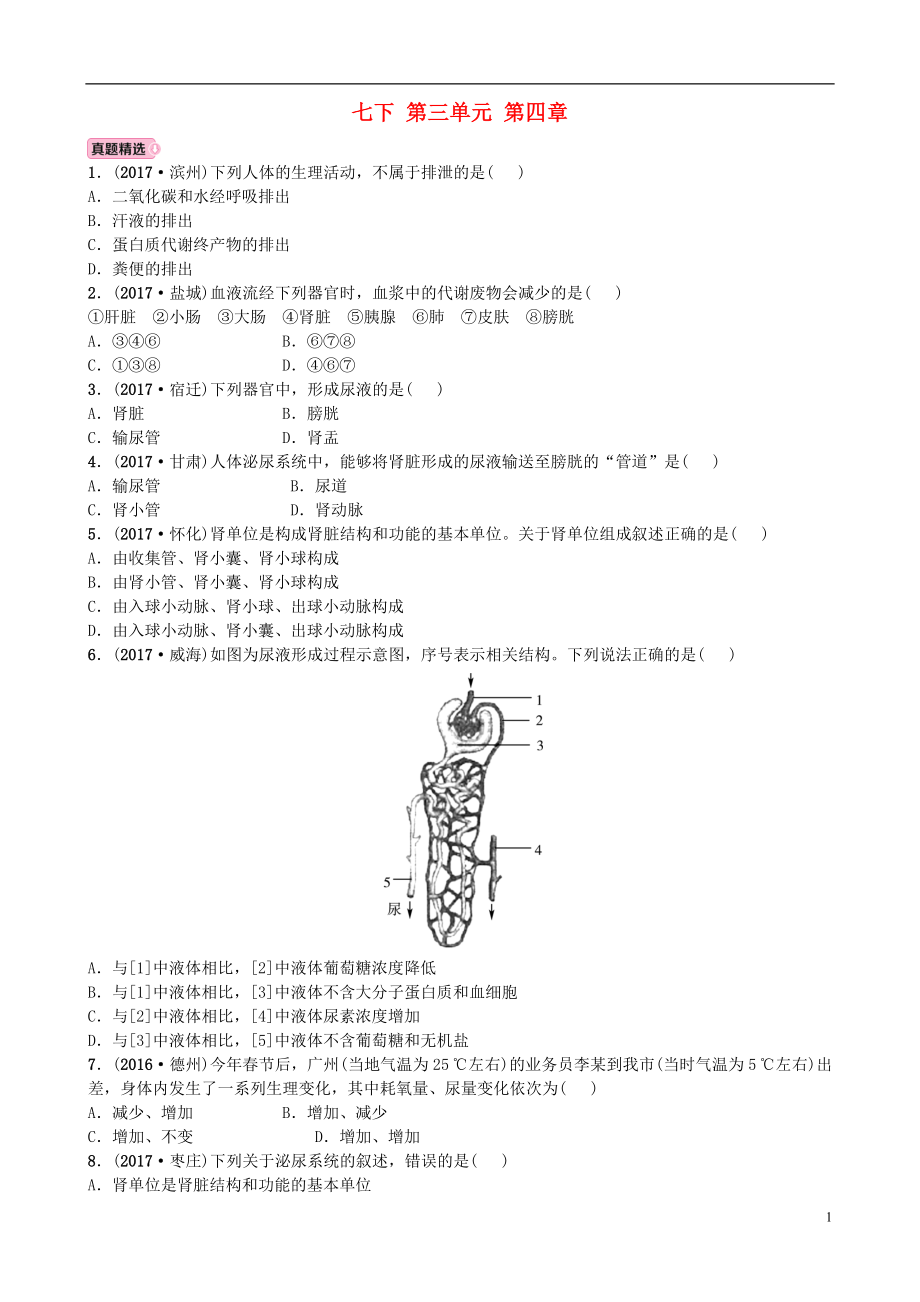 山東省東營市2018年中考生物 實(shí)戰(zhàn)演練 七下 第三單元 第四章_第1頁