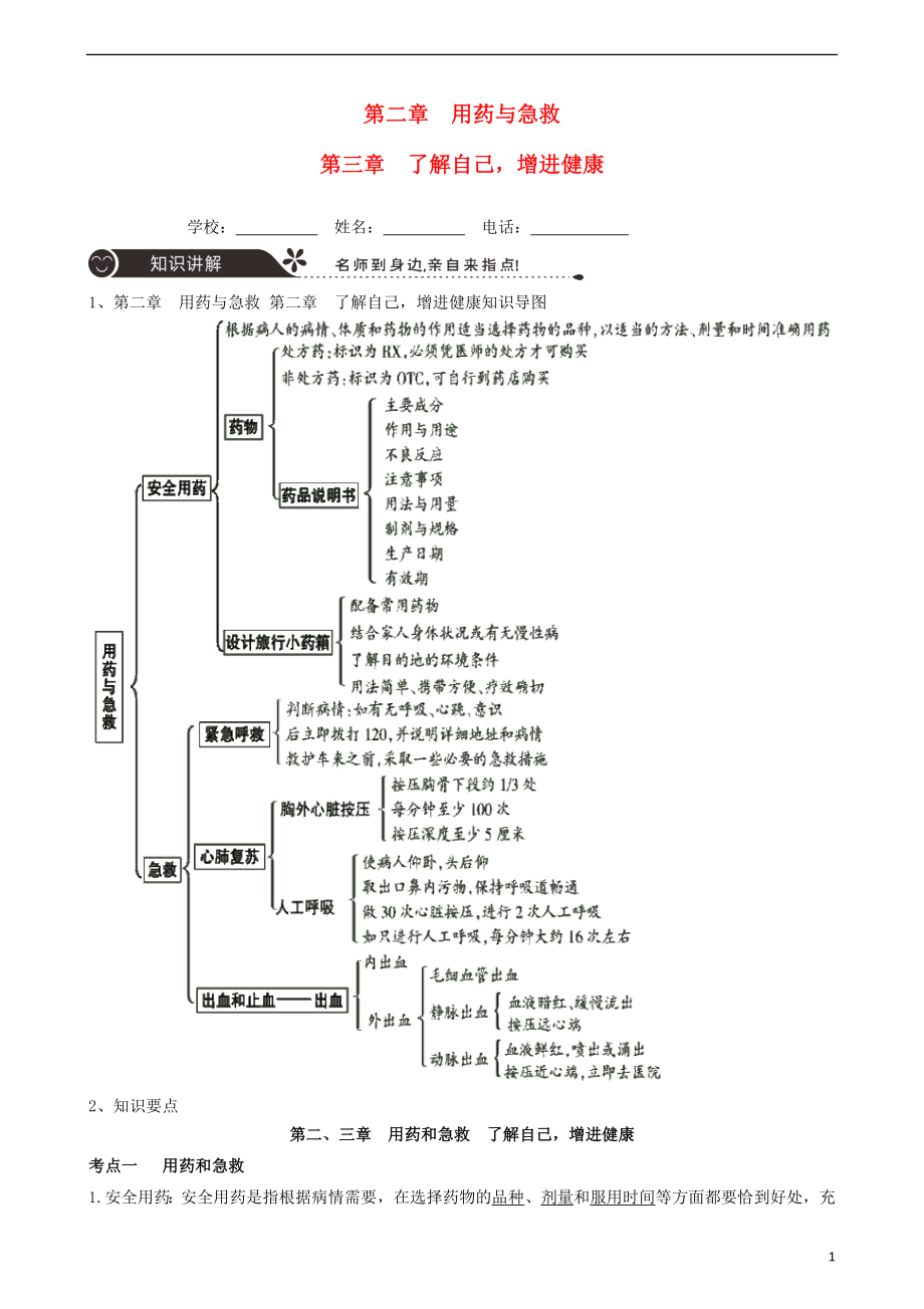 廣東省中山市2018年中考生物 專題復(fù)習(xí) 第八單元 健康地生活 第二章 用藥與急救 第三章了解自己增進健康_第1頁