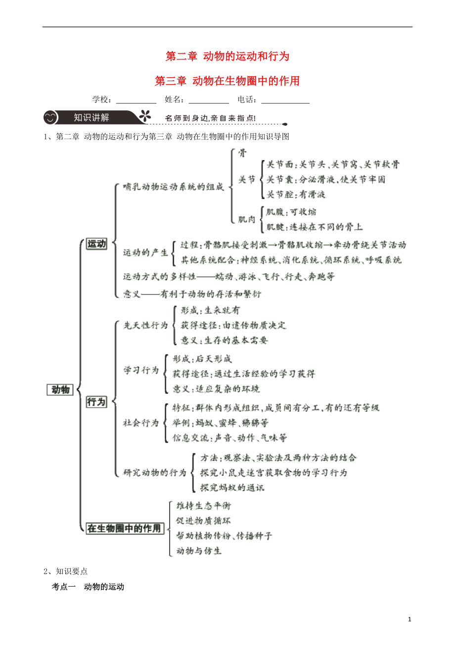 广东省中山市2018年中考生物 专题复习 第五单元 生物圈中的其他生物 第二章 动物的运动和行为_第1页