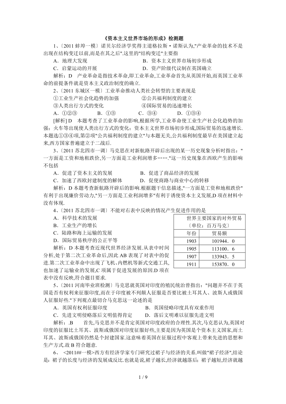 《资本主义世界市场的形成》检测题_第1页