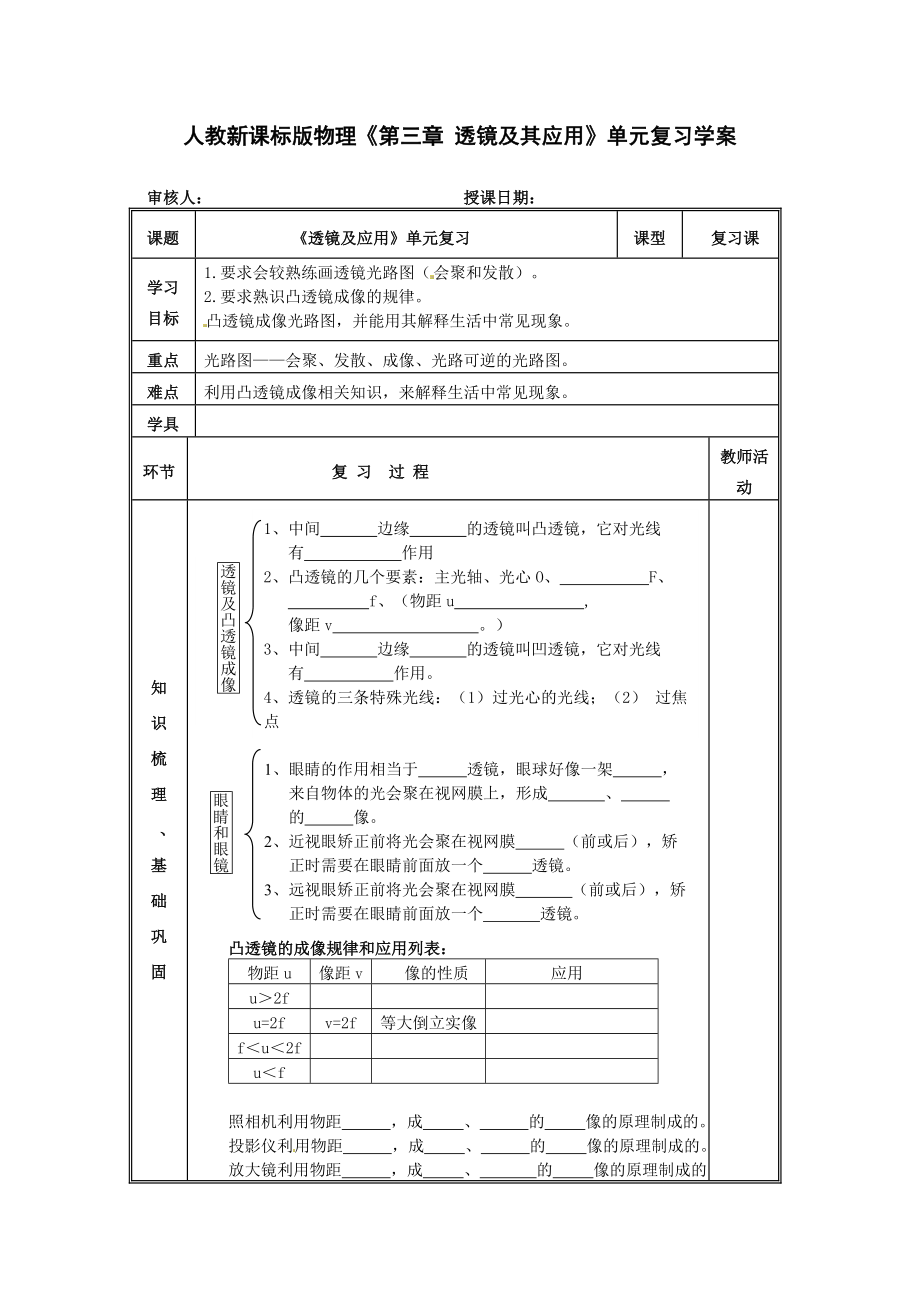 人教新課標(biāo)版物理《第三章透鏡及其應(yīng)用》單元復(fù)習(xí)學(xué)案_第1頁(yè)