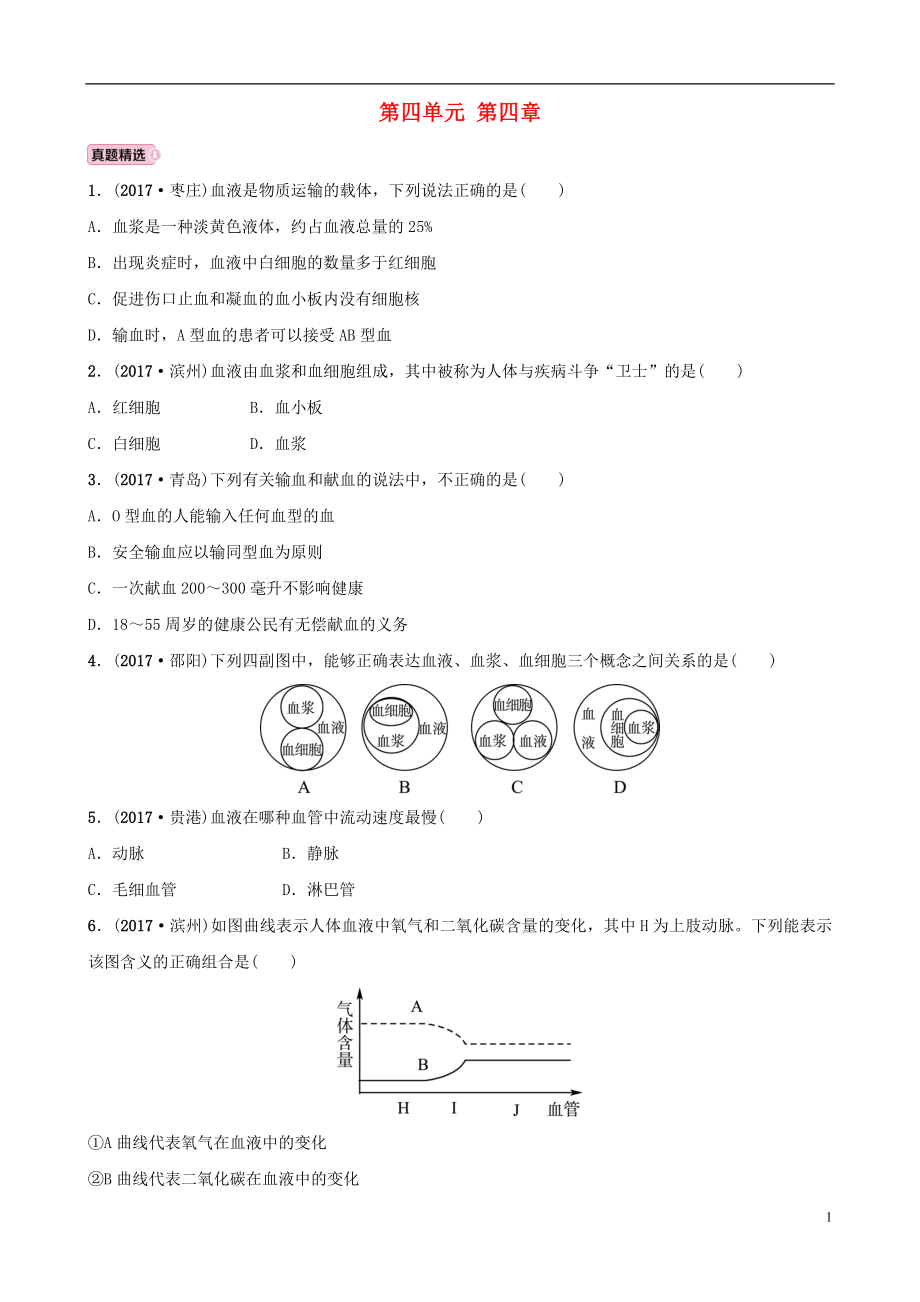 山東省淄博市2018年中考生物 實戰(zhàn)演練 七上 第四單元 第四章_第1頁