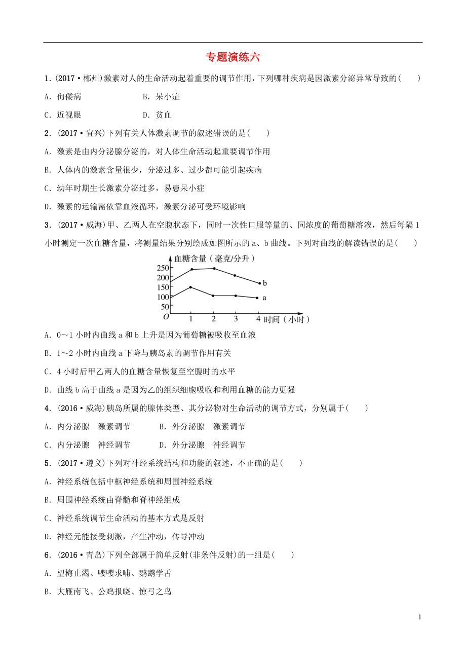山東省淄博市2018年中考生物 專題演練六_第1頁