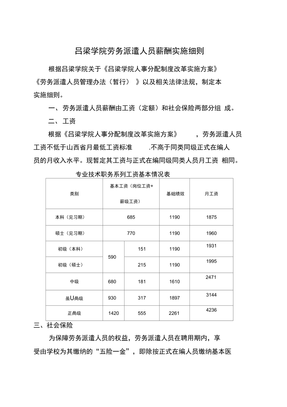 吕梁学院劳务派遣人员薪酬实施细则_第1页