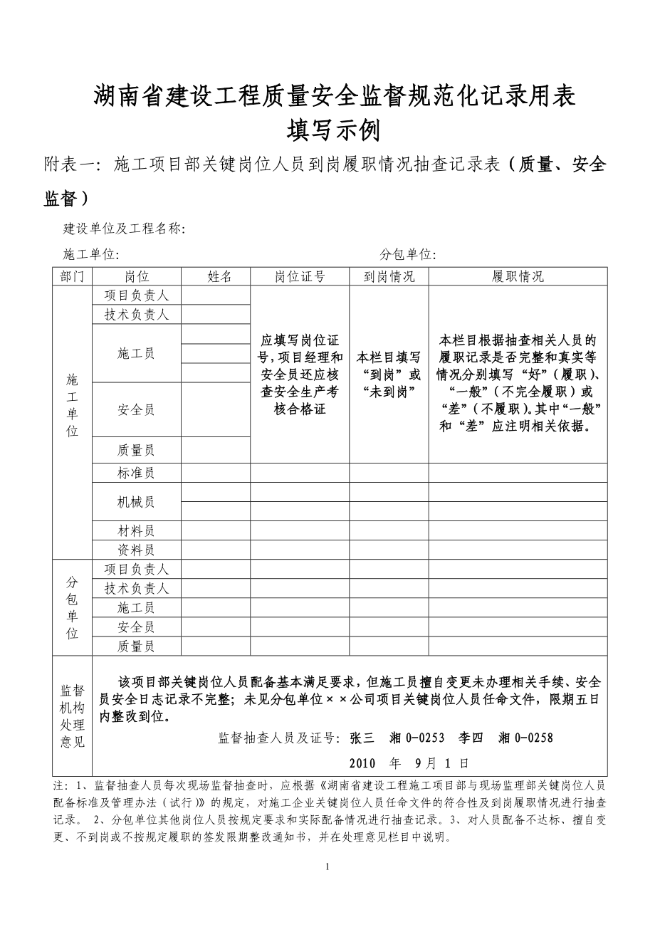 湖南省建设工程质量安全监督规范化记录用表填写示例附表一施工_第1页