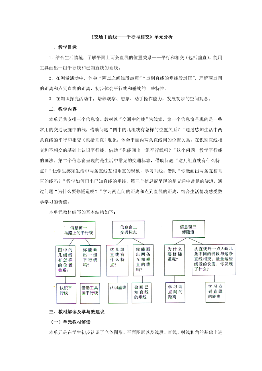 2017秋青島版數(shù)學(xué)四年級上冊第四單元《交通中的線——平行與相交》單元分析_第1頁