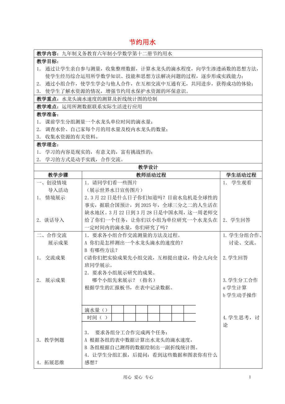 六年級數(shù)學(xué)下冊 節(jié)約用水教案 人教新課標(biāo)版_第1頁