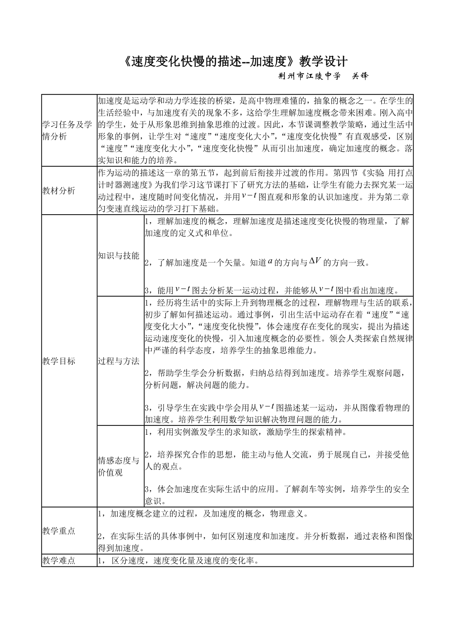 《速度變化快慢的描述-加速度》課堂教學(xué)設(shè)計_第1頁