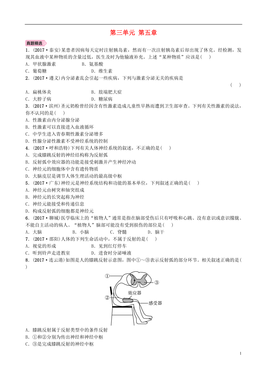 山東省東營市2018年中考生物 實戰(zhàn)演練 七下 第三單元 第五章_第1頁