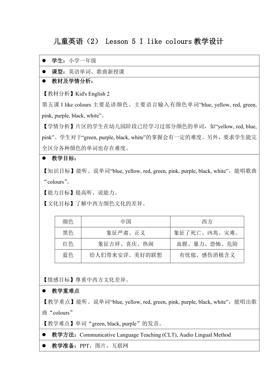 儿童英语Lesson5Ilikecolours教学设计_第1页