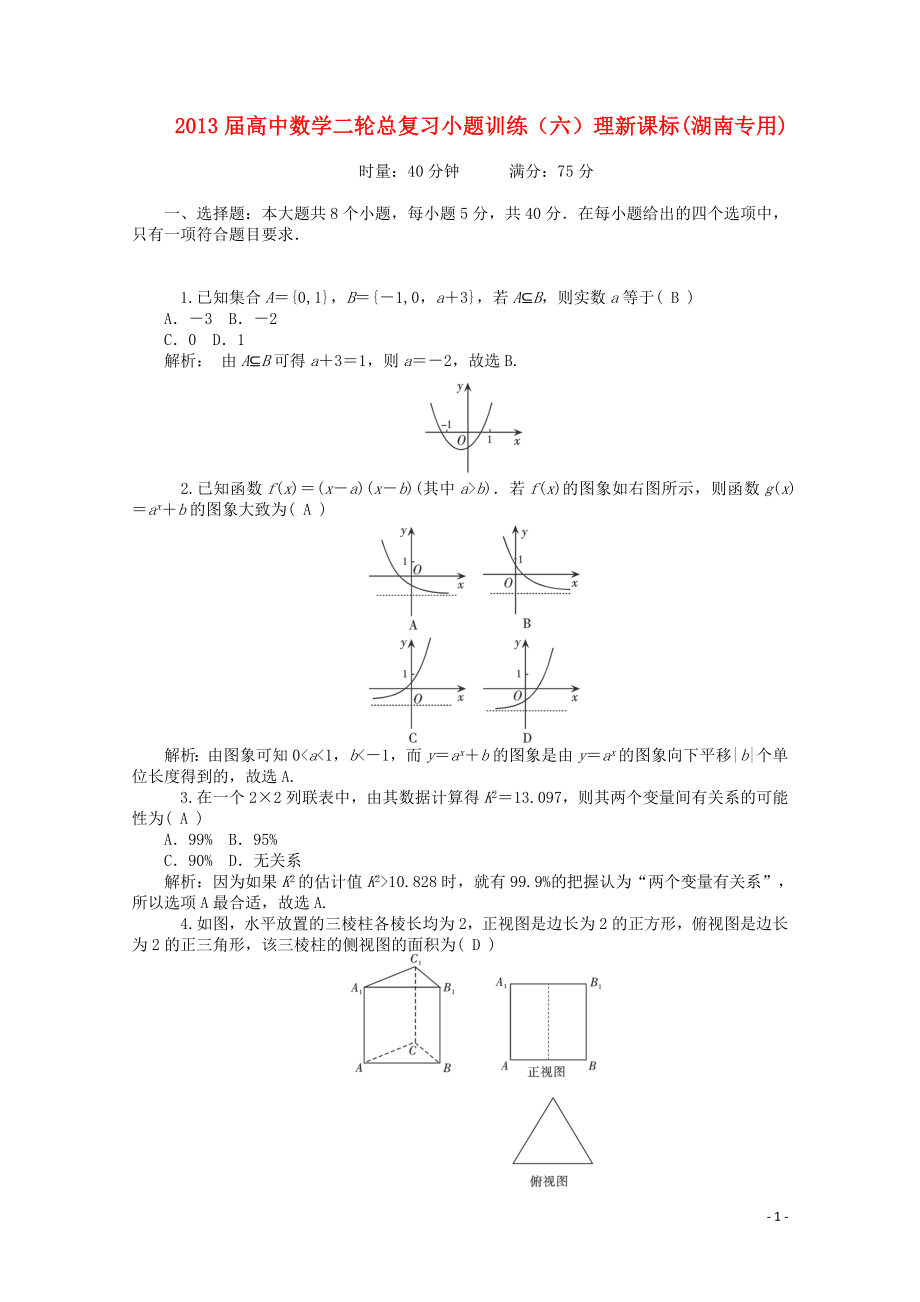 2013届高中数学二轮总复习 小题训练（六）理 新课标(湖南专用)_第1页