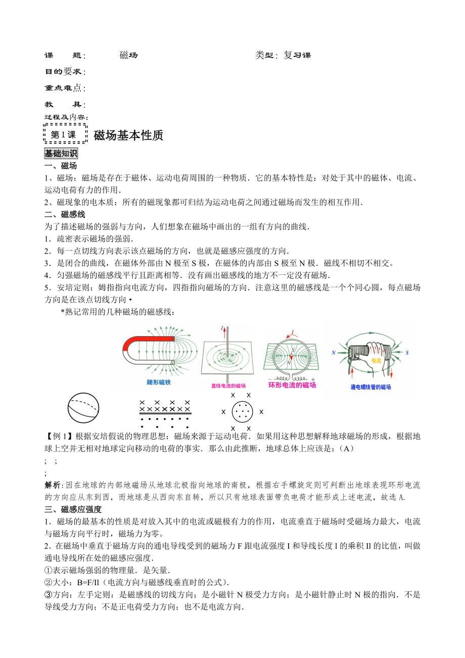 高考物理第一轮复习教案12-磁场_第1页