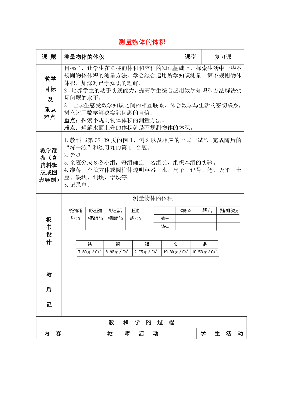 六年級(jí)數(shù)學(xué)下冊(cè) 測(cè)量物體的體積教學(xué)設(shè)計(jì) 蘇教版_第1頁