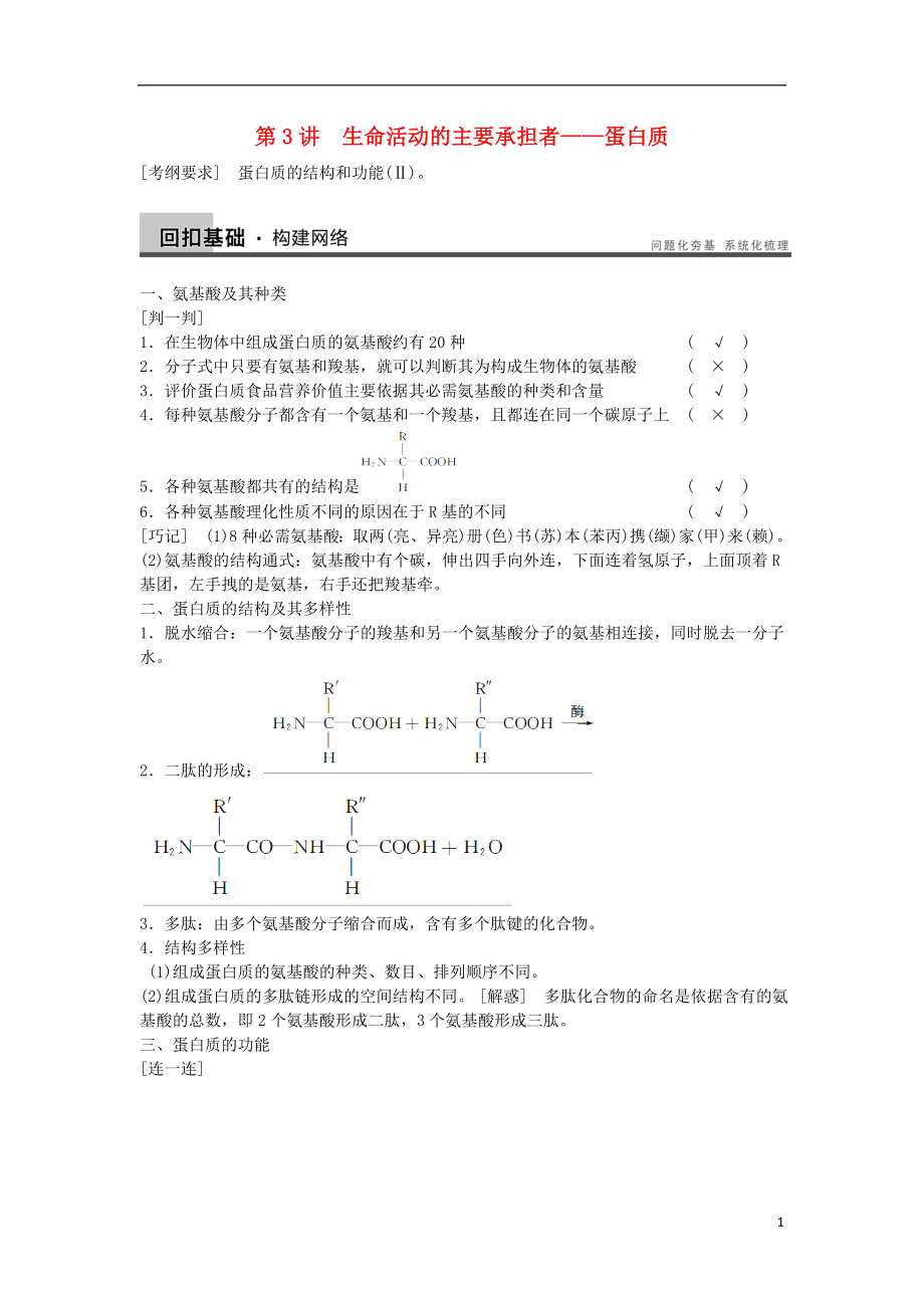 2014屆高三生物一輪復習 1.3蛋白質教學案 新人教版_第1頁