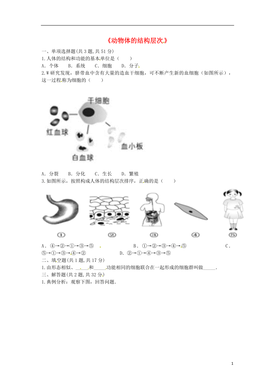 河南省永城市七年级生物上册 第二单元 第二章 第二节《动物体的结构层次》预习检测（无答案）（新版）新人教版_第1页