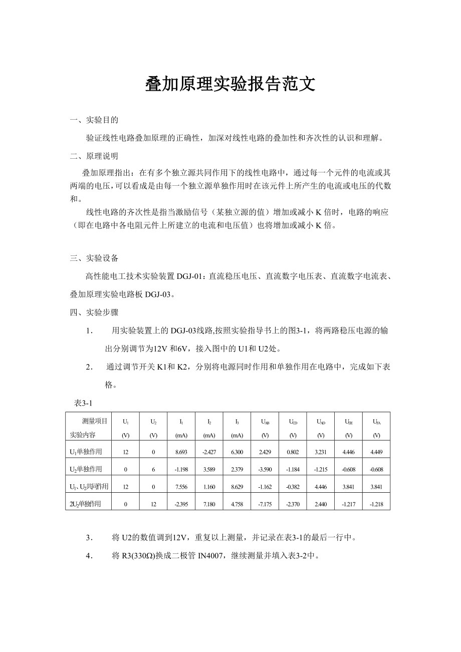 叠加原理 实验报告范文(含数据处理)_第1页