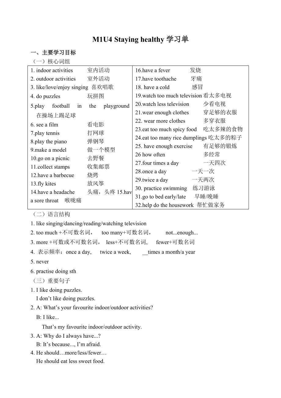 上海牛津6B英语学习单六年级Unit4_第1页