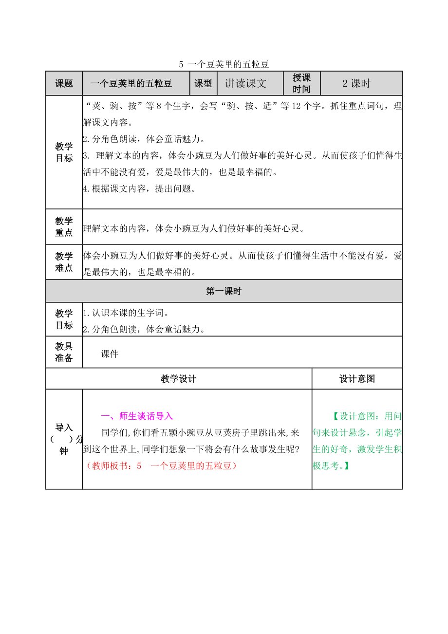 四年级语文上册《一个豆荚里的五粒豆》教案_第1页