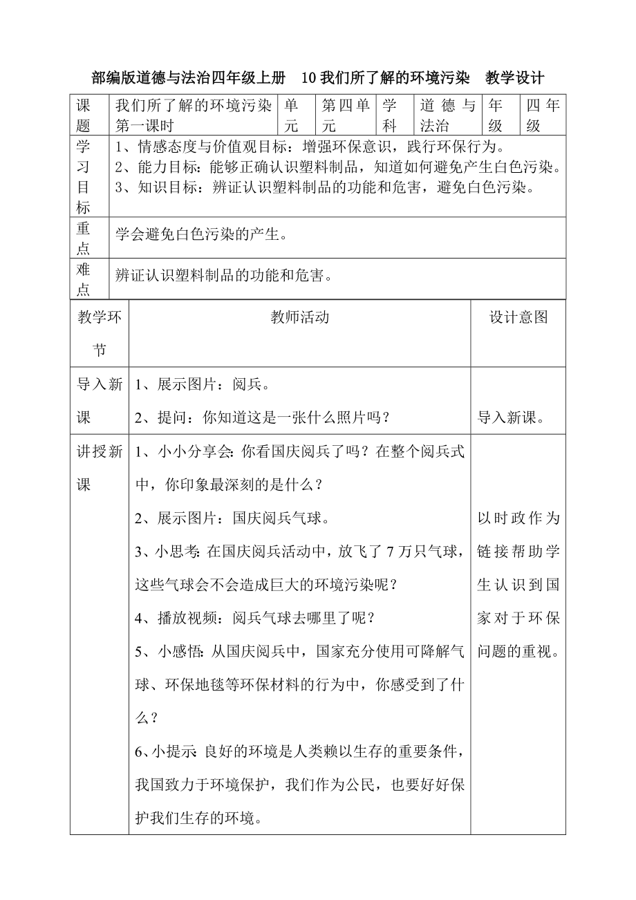 四年級道德與法治上冊教案-10 我們所了解的環(huán)境污染人教部編版_第1頁