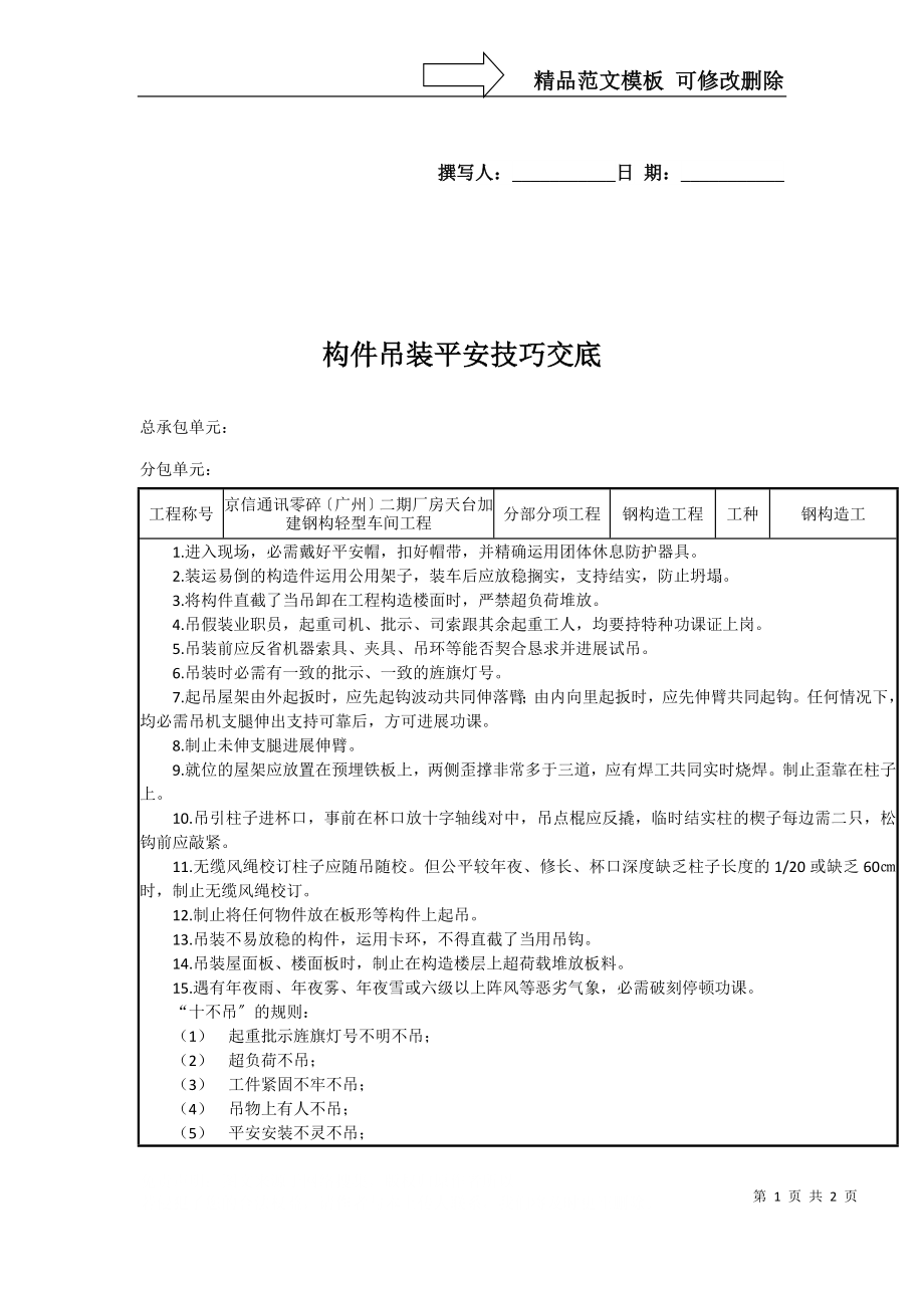 建筑行业构件吊装安全技术交底_第1页