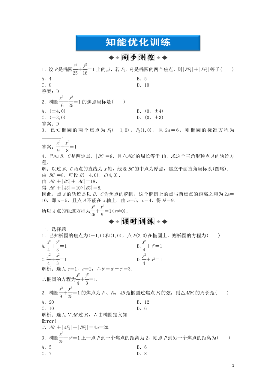 【優(yōu)化方案】2012高中數(shù)學(xué) 第2章2.1.1知能優(yōu)化訓(xùn)練 新人教A版選修1-1_第1頁(yè)