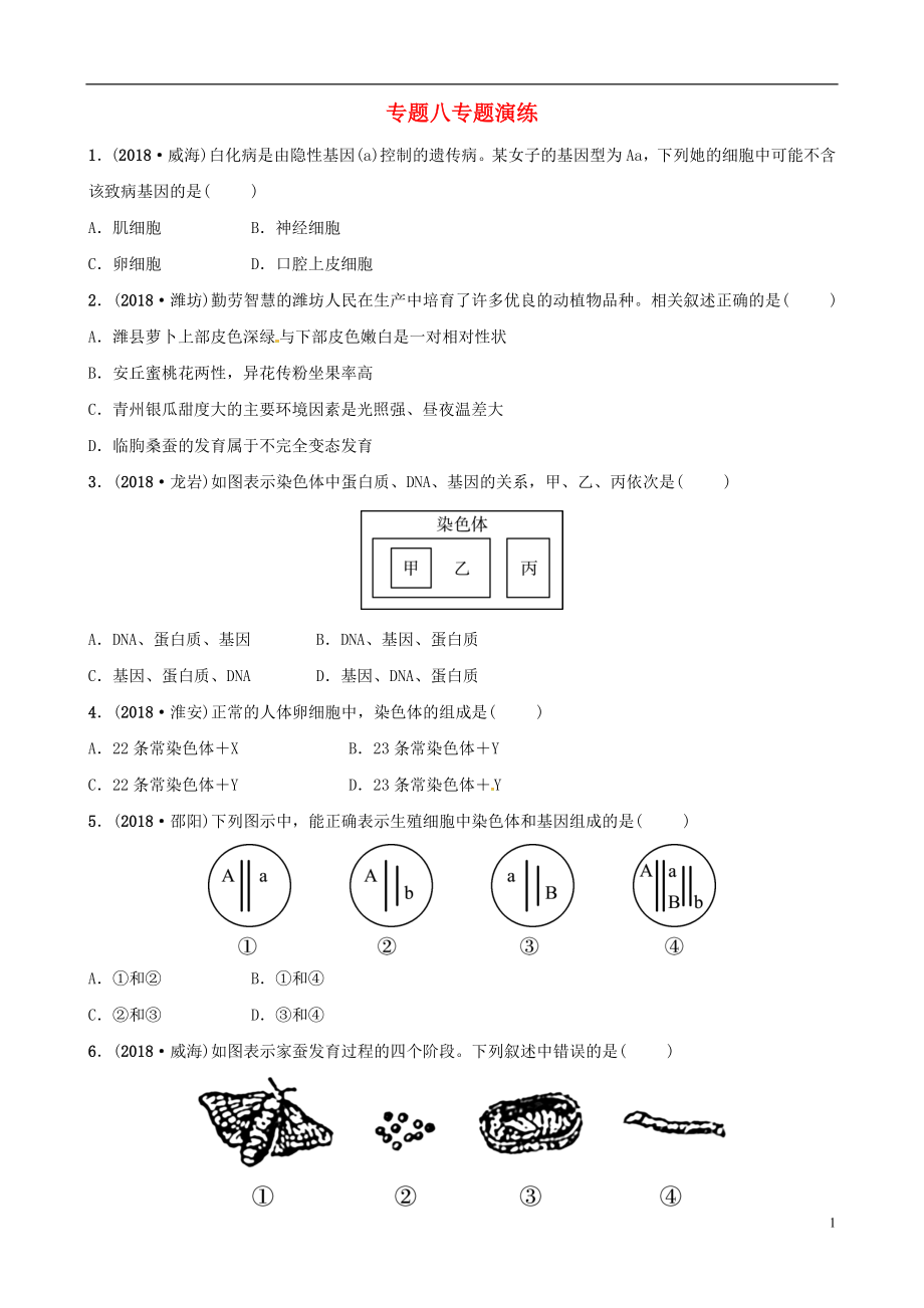 （東營(yíng)專版）2019年中考生物 專題八專題演練_第1頁