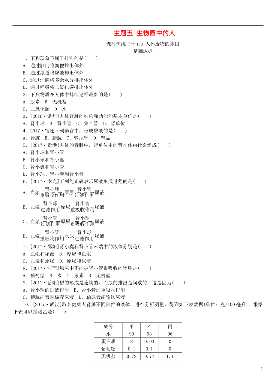 （北京專版）2018年中考生物復(fù)習(xí)方案 主題五 生物圈中的人 第15課時(shí) 人體內(nèi)廢物的排出作業(yè)手冊_第1頁