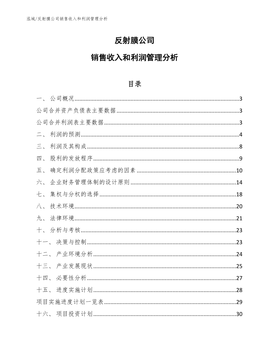 反射膜公司销售收入和利润管理分析_第1页