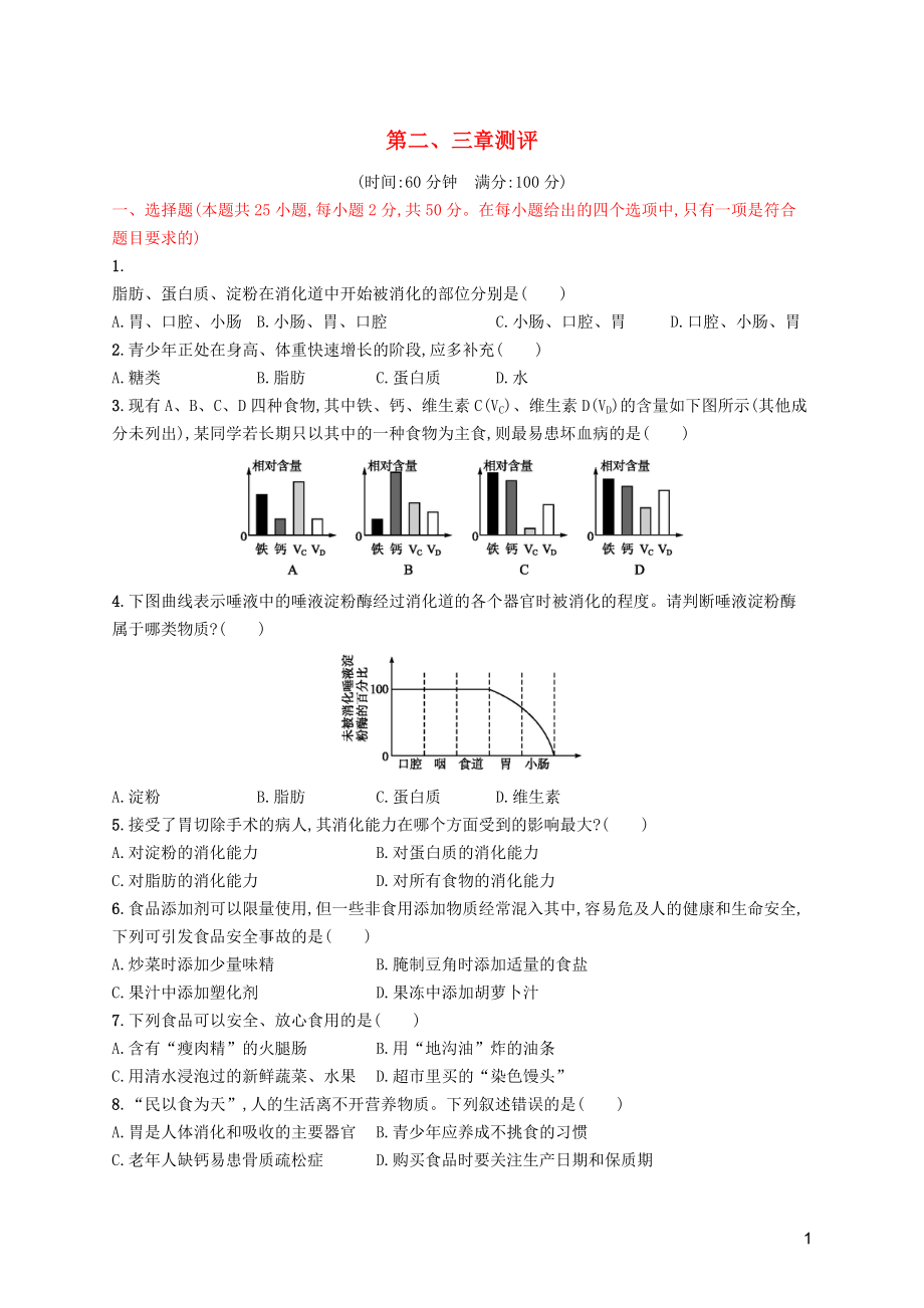 （福建專版）2019春七年級(jí)生物下冊(cè) 第四單元 生物圈中的人 第二章 人體的營(yíng)養(yǎng)、第三章測(cè)評(píng) （新版）新人教版_第1頁(yè)