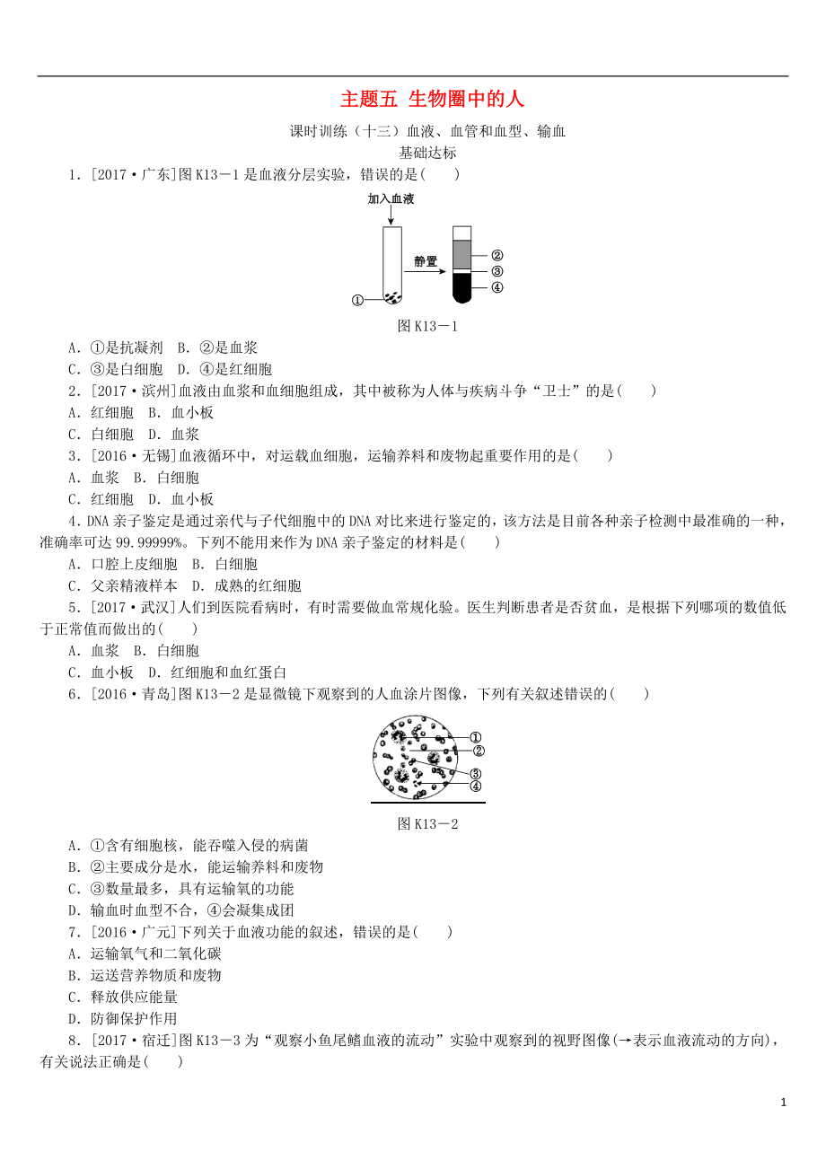 （北京專版）2018年中考生物復(fù)習(xí)方案 主題五 生物圈中的人 第13課時 血液、血管和血型、輸血作業(yè)手冊_第1頁