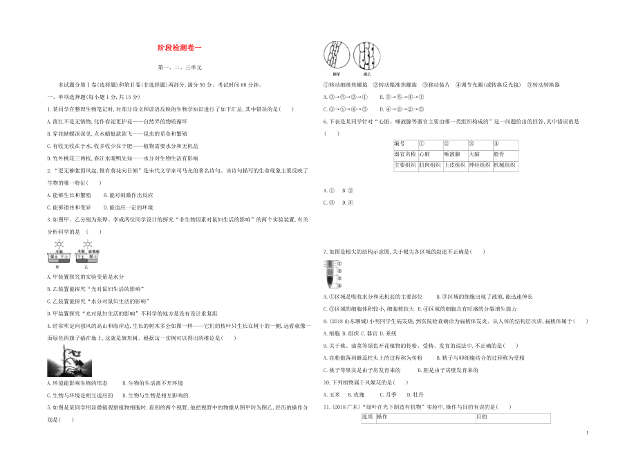 （泰安地區(qū)）2019年中考生物 階段復(fù)習(xí)檢測卷一_第1頁